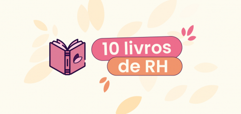 Fundo bege com silhuetas de folhas espalhadas. No centro da imagem um livro ao lado esquerdo do título 'livros de rh'.