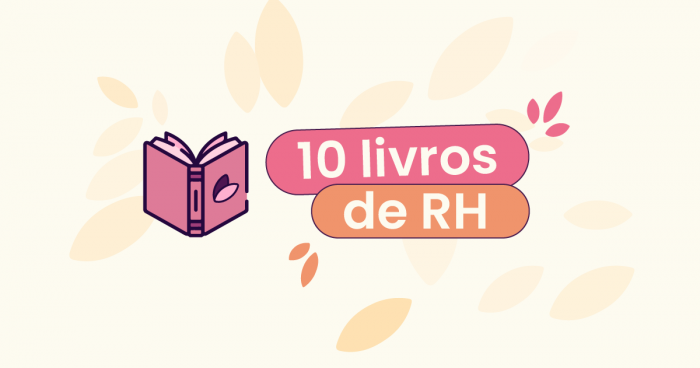 Fundo bege com silhuetas de folhas espalhadas. No centro da imagem um livro ao lado esquerdo do título 'livros de rh'.