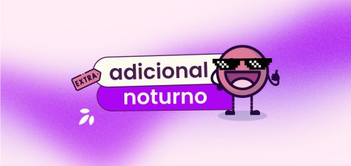 Capa do artigo com fundo rosa com uma listra branca e curvada cortando o meio horizontalmente. No título 'adicional noturno' com uma nota na esquerda e o mascote da Eva na direita.