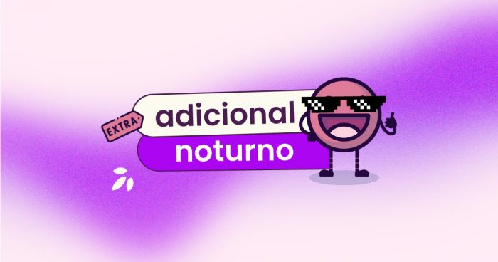 Capa do artigo com fundo rosa com uma listra branca e curvada cortando o meio horizontalmente. No título 'adicional noturno' com uma nota na esquerda e o mascote da Eva na direita.