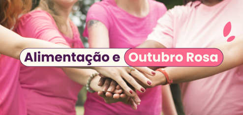 Pessoas de rosa dando as mãos. No título: "alimentação e outubro rosa" ou "nutrição e outubro rosa".