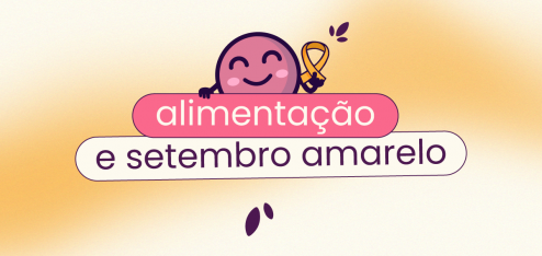 Fundo amarelo. No título "alimentação e setembro amarelo", o texto busca explorar a relação de nutrição e saúde mental. Em cima do título está Ivo, o mascote da Eva.