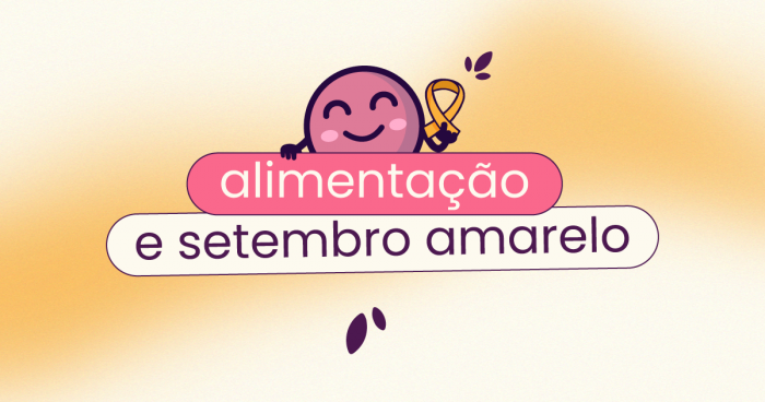 Fundo amarelo. No título "alimentação e setembro amarelo", o texto busca explorar a relação de nutrição e saúde mental. Em cima do título está Ivo, o mascote da Eva.