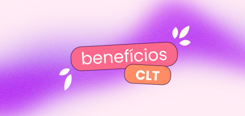 Fundo rosa com uma faixa roxa. No centro e em destaque na imagem, está escrito 'benefícios clt'.