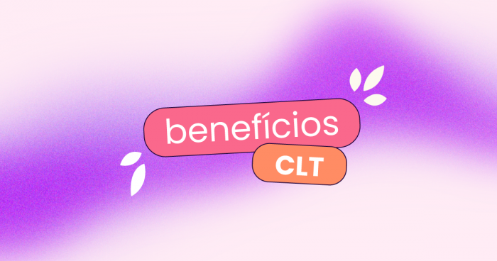 Fundo rosa com uma faixa roxa. No centro e em destaque na imagem, está escrito 'benefícios clt'.