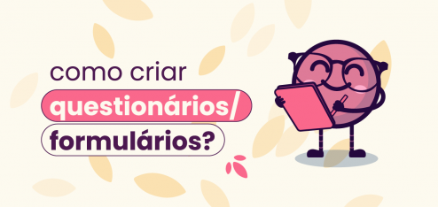 Fundo bege com ícones de folhas espalhados. No título "como criar formulários/questionários". Ao lado do título está Ivo, o mascote da Eva, com óculos e segurando uma prancheta.