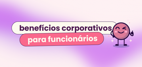 Fundo roxo e rosa claro. No título: "benefícios corporativos para funcionários", com o mascote Ivo da Eva Benefícios.