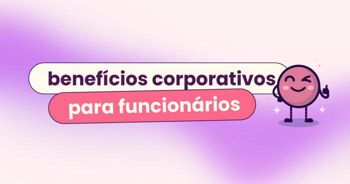 Fundo roxo e rosa claro. No título: "benefícios corporativos para funcionários", com o mascote Ivo da Eva Benefícios.