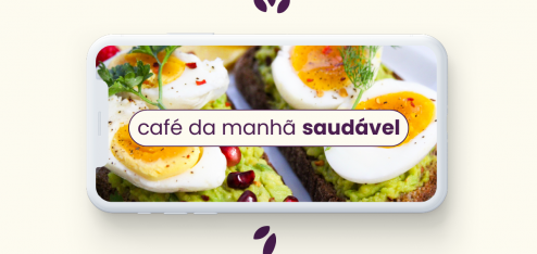 Fundo amarelo com um café da manhã saudável com ovos e saladas no centro de uma tela de celular.