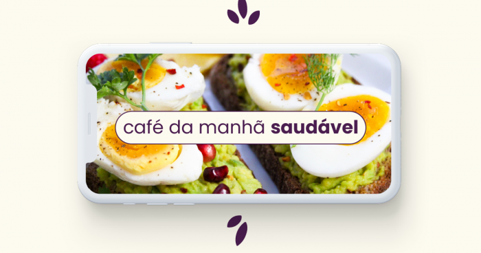 Fundo amarelo com um café da manhã saudável com ovos e saladas no centro de uma tela de celular.