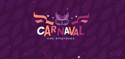 Fundo roxo com folhas e, no centro da imagem, está escrito 'Carnaval nas empresas'.