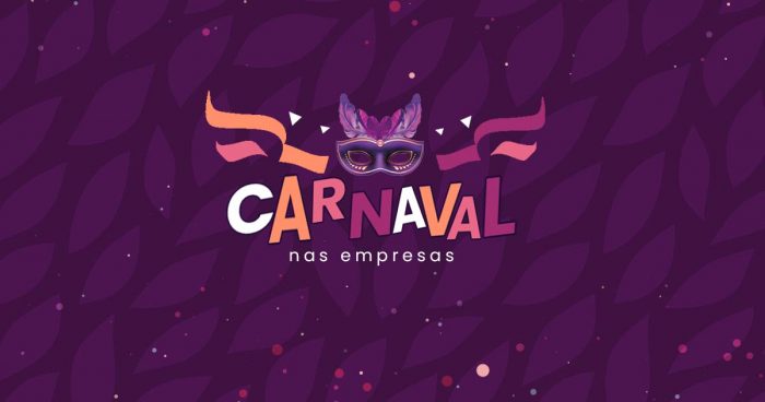 Fundo roxo com folhas e, no centro da imagem, está escrito 'Carnaval nas empresas'.