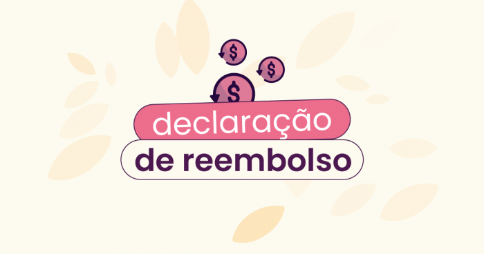 Fundo bege com silhuetas de folhas espalhadas e, no título, 'declaração de reembolso' ou carta de reembolso.