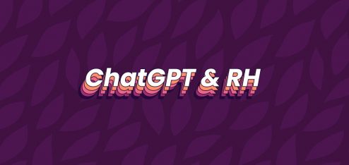 'ChatGPT & RH' escrito sobre um fundo de listras roxas.