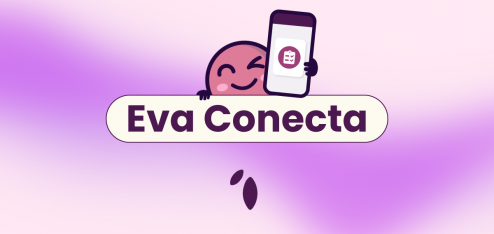 Ivo, mascote da Eva, segurando o celular com a logo do Eva Conecta, que também está escrito no título.