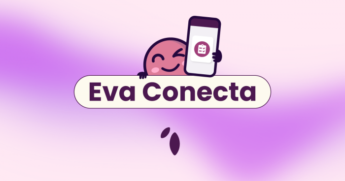 Ivo, mascote da Eva, segurando o celular com a logo do Eva Conecta, que também está escrito no título.