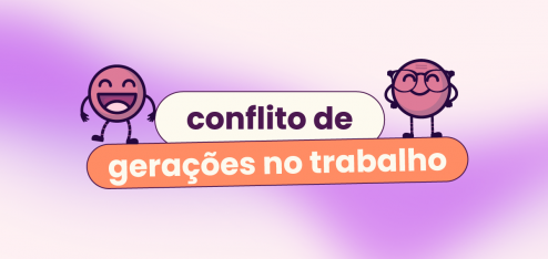 Dois avatares, um em cada canto, do título do texto. 'Conflito entre gerações no trabalho'.