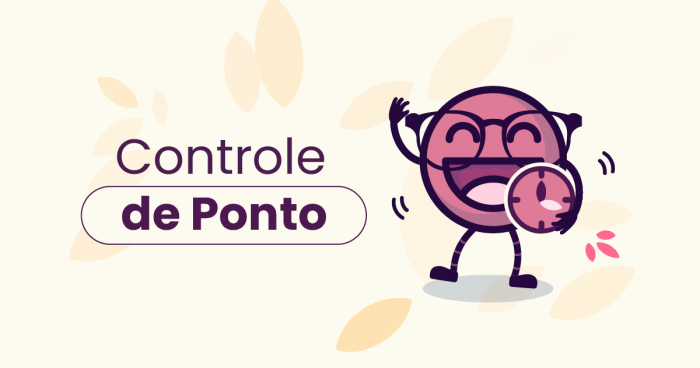 Mascote da Eva segurando relógio analógico e acenando para a câmera. No título 'controle de ponto'.