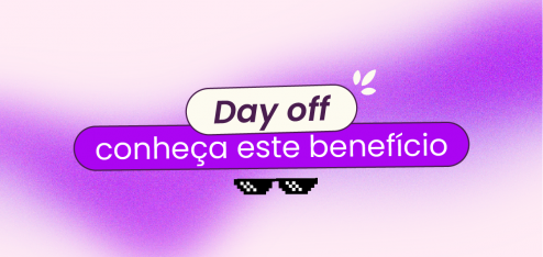 Fundo lilás com mancha roxa cortando o meio da imagem. No título está escrito 'day off: conheça este benefício' e há um óculos escuro em 8 bit em baixo.