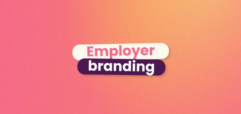 Fundo com degradê do rosa para o laranja e, no centro da imagem, escrito 'employer branding', que pode ser traduzido para 'marca empregadora'.