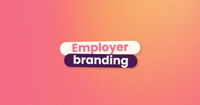 Fundo com degradê do rosa para o laranja e, no centro da imagem, escrito 'employer branding', que pode ser traduzido para 'marca empregadora'.