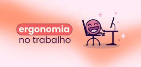 Mascote da Eva sentado na cadeira e com uma mesa na frente. No título: "Ergonomia no trabalho".