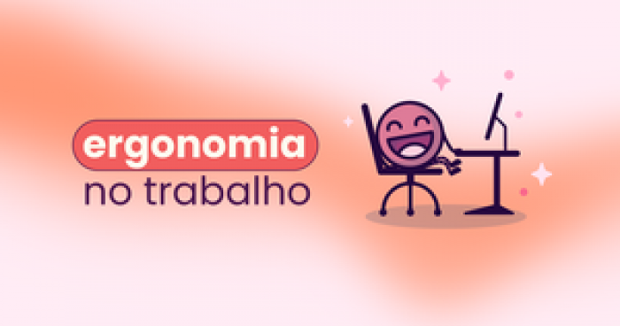 Mascote da Eva sentado na cadeira e com uma mesa na frente. No título: "Ergonomia no trabalho".
