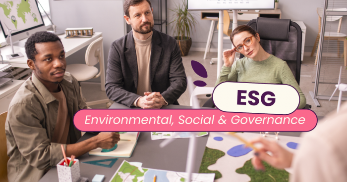 Quatro pessoas reunidas numa sala de reunião. "ESG: environmental; social & governance" é o título.