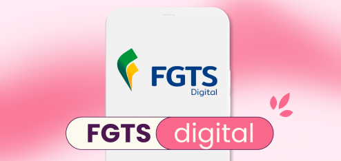 Fundo rosa claro com uma listra rosa-choque no meio. No título da imagem: "FGTS Digital", e atrás do título há um celular com a logo do FGTS.
