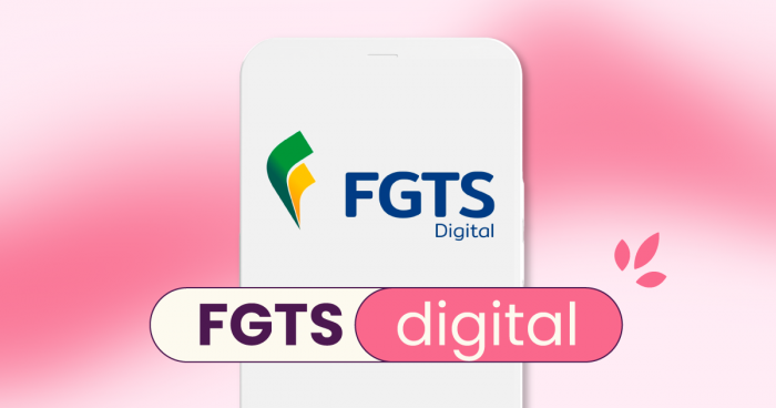 Fundo rosa claro com uma listra rosa-choque no meio. No título da imagem: "FGTS Digital", e atrás do título há um celular com a logo do FGTS.