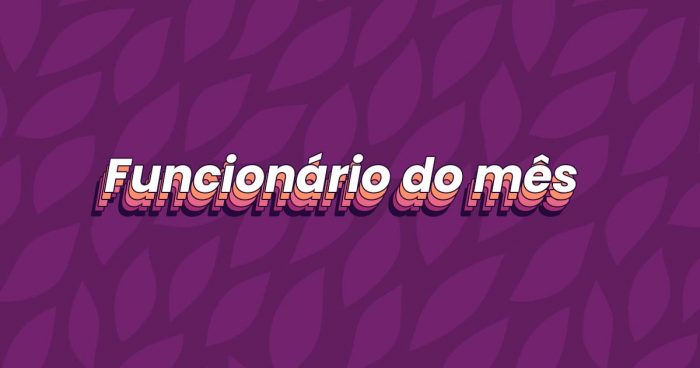Folhas roxas claras sobre um fundo em um tom roxo ainda mais escuro. No centro da imagem está escrito 'funcionário do mês'.
