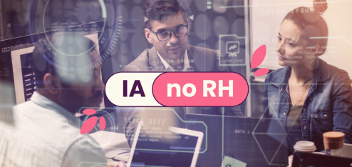 Pessoas discutindo numa sala de reuniões. No título, IA no RH ou Inteligência Artificial nos Recursos Humanos.