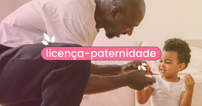Um pai e um filho na imagem de fundo. No centro, o título 'licença-paternidade'.