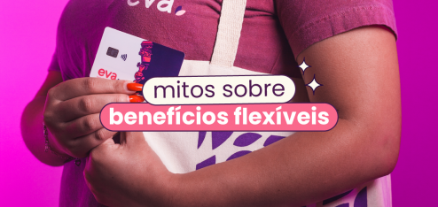 Uma mulher de lado para a câmera segurando uma ecobag e um cartão de benefícios flexíveis. No título da imagem, 'mitos e mentiras sobre benefícios flexíveis".