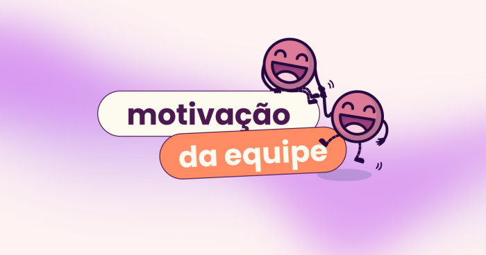 Fundo rosa e roxo. Dois mascotes da Eva, um segurando a mão do outro sentado do título. "Motivação no trabalho", tratando da motivação da equipe.