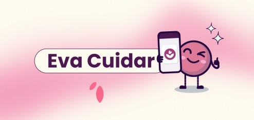 Texto explicando o que é o Eva Cuidar, a solução de bem-estar corporativo da Eva Benefícios. Ao lado do título, o Ivo, o mascote da Eva segurando o celular.