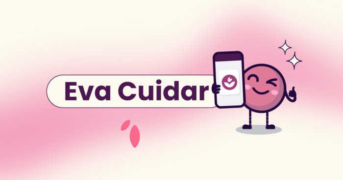 Texto explicando o que é o Eva Cuidar, a solução de bem-estar corporativo da Eva Benefícios. Ao lado do título, o Ivo, o mascote da Eva segurando o celular.
