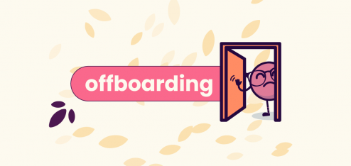 Título 'offboarding' com mascote da Eva dando 'tchau' ao sair por uma porta.