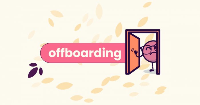 Título 'offboarding' com mascote da Eva dando 'tchau' ao sair por uma porta.