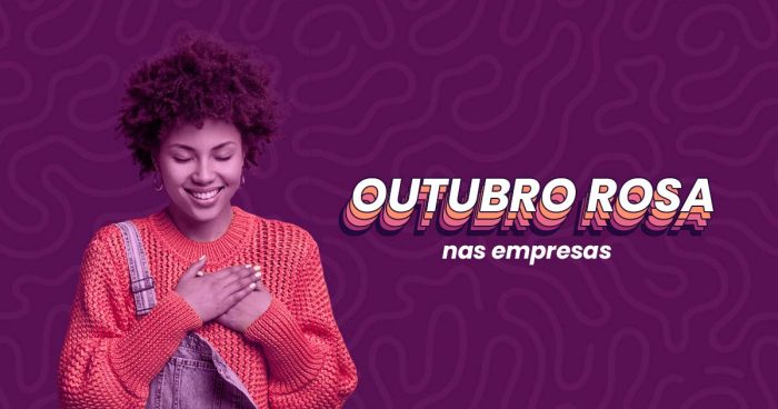 Mulher de cabelo cacheado e pele negra colocando a mão sobre o peito. Ela veste uma roupa laranja por baixo de um macacão. Do lado direito dela, está escrito 'Outubro Rosa nas empresas'.