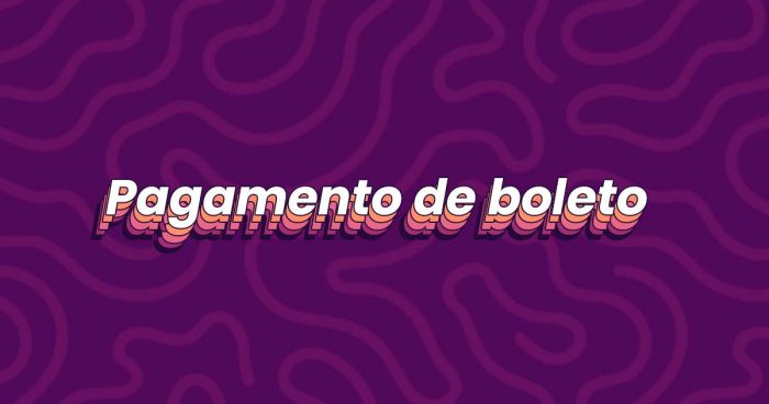 "Pagamento de boleto bancário" escrito sobre um fundo de listras roxas.