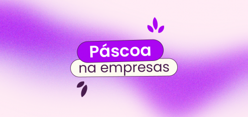Capa com fundo rosa claro e com uma onda roxa cortando o meio. No centro da imagem está escrito 'Páscoa nas empresas'.