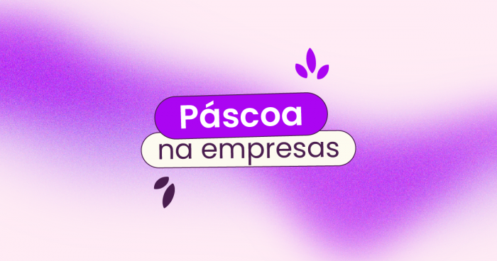 Capa com fundo rosa claro e com uma onda roxa cortando o meio. No centro da imagem está escrito 'Páscoa nas empresas'.