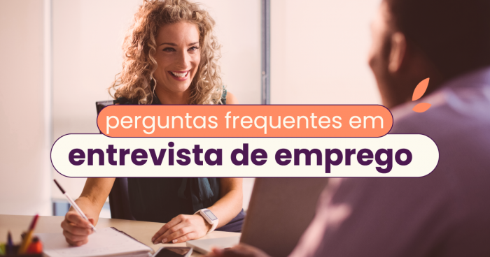 Duas pessoas conversando. No título: perguntas frequentes em entrevistas de emprego.