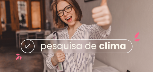 Foto de mulher branca, loira olhando para a câmera com uma 'joinha'. No título: "pesquisa de clima organizacional".
