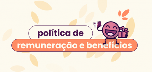 Fundo amarelo com ícones de folhas e, no título, "política de remuneração e benefícios", ou plano de remuneração e benefícios.