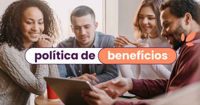 Equipe reunida (4 pessoas, dois homens e duas mulheres) em frente a um notebook. No título, "política de benefícios".
