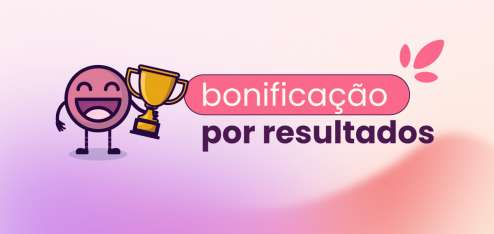 Fundo rosa, laranja e roxo. Mascote da Eva na esquerda do título: "bonificação por resultados".