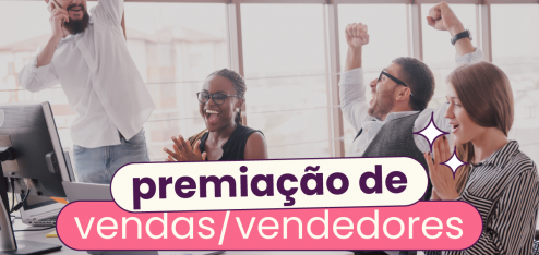 Pessoas com mãos levantadas e, no título, "premiação de vendas" ou "premiação de vendedores".