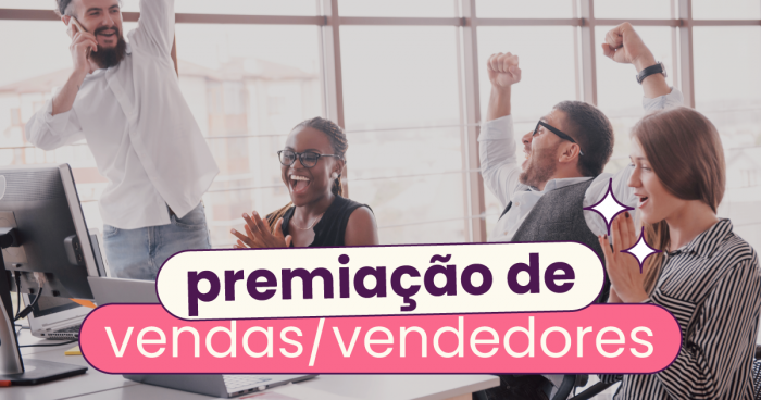 Pessoas com mãos levantadas e, no título, "premiação de vendas" ou "premiação de vendedores".